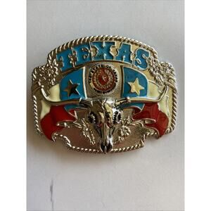 State of Texas Silver Tone Lone Star State Flag Cow Longhorn Skull Belt Buckle
